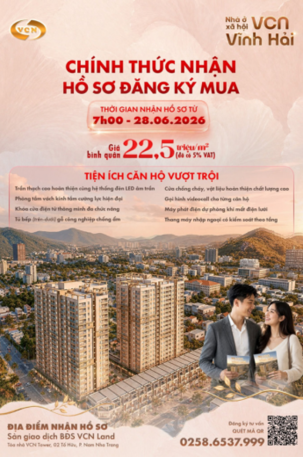 THÔNG BÁO CHÍNH THỨC TIẾP NHẬN HỒ SƠ MUA NHÀ Ở XÃ HỘI VCN VĨNH HẢI - TỪ 07H00 NGÀY 28/06/2026