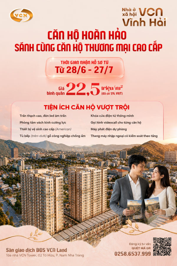 NHÀ Ở XÃ HỘI VCN VĨNH HẢI - Giá bán bình quân 22,5 triệu đồng/m²