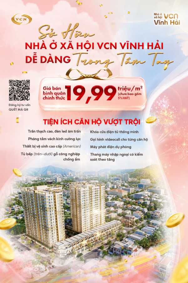 NHÀ Ở XÃ HỘI VCN VĨNH HẢI - GIÁ BÁN BÌNH QUÂN CHÍNH THỨC 19,99 TRIỆU ĐỒNG/M² (chưa bao gồm 5% VAT)