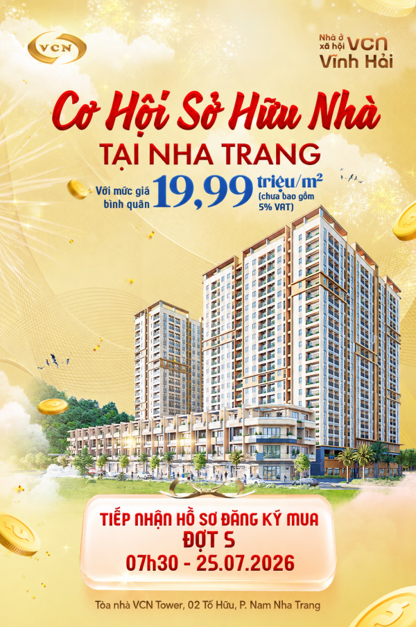 CƠ HỘI SỞ HỮU NHÀ TẠI NHA TRANG VỚI MỨC GIÁ BÌNH QUÂN 19,99 TRIỆU/ M2 (CHƯA CÓ 5% VAT)