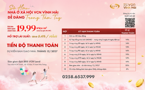 SỞ HỮU NHÀ Ở XÃ HỘI VCN VĨNH HẢI DỄ DÀNG HƠN BAO GIỜ HẾT - CHỈ CẦN THANH TOÁN 10% KHI KÝ HỢP ĐỒNG MUA BÁN