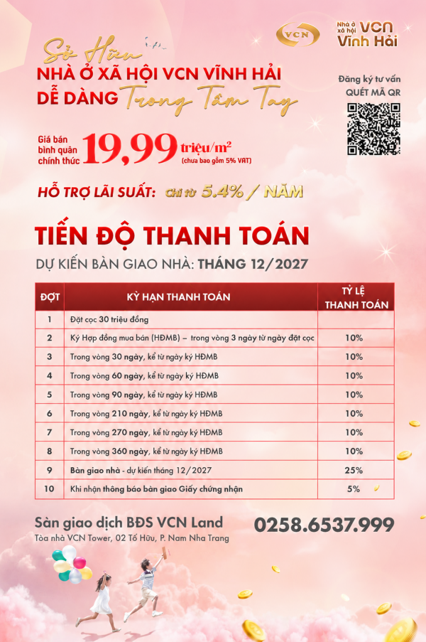 SỞ HỮU NHÀ Ở XÃ HỘI VCN VĨNH HẢI DỄ DÀNG HƠN BAO GIỜ HẾT - CHỈ CẦN THANH TOÁN 10% KHI KÝ HỢP ĐỒNG MUA BÁN